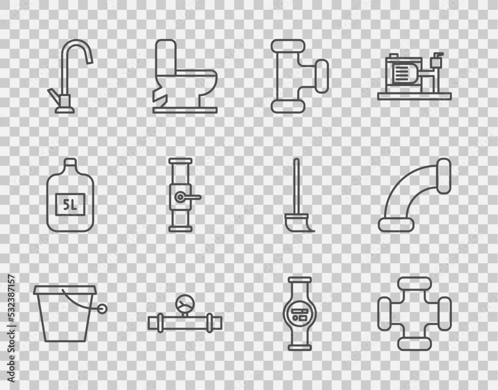 设置线桶、工业金属管和压力计、水龙头、阀门和图标。矢量