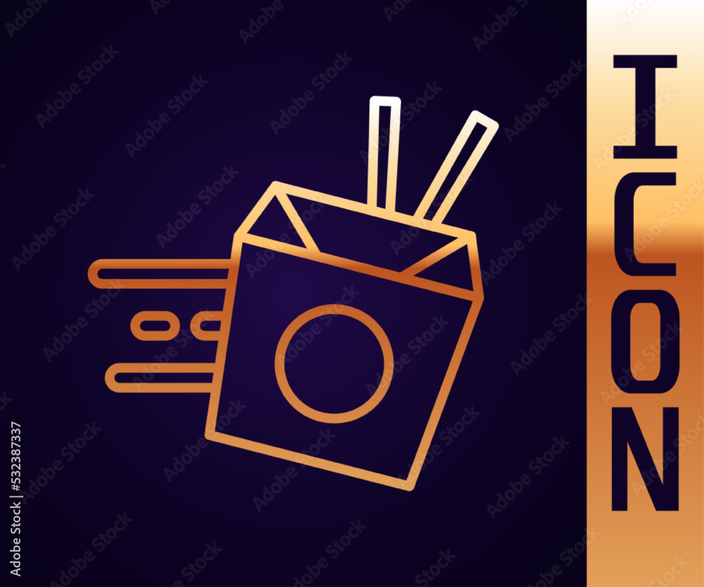 Gold line Online ordering and noodles delivery icon isolated on black background. Vector