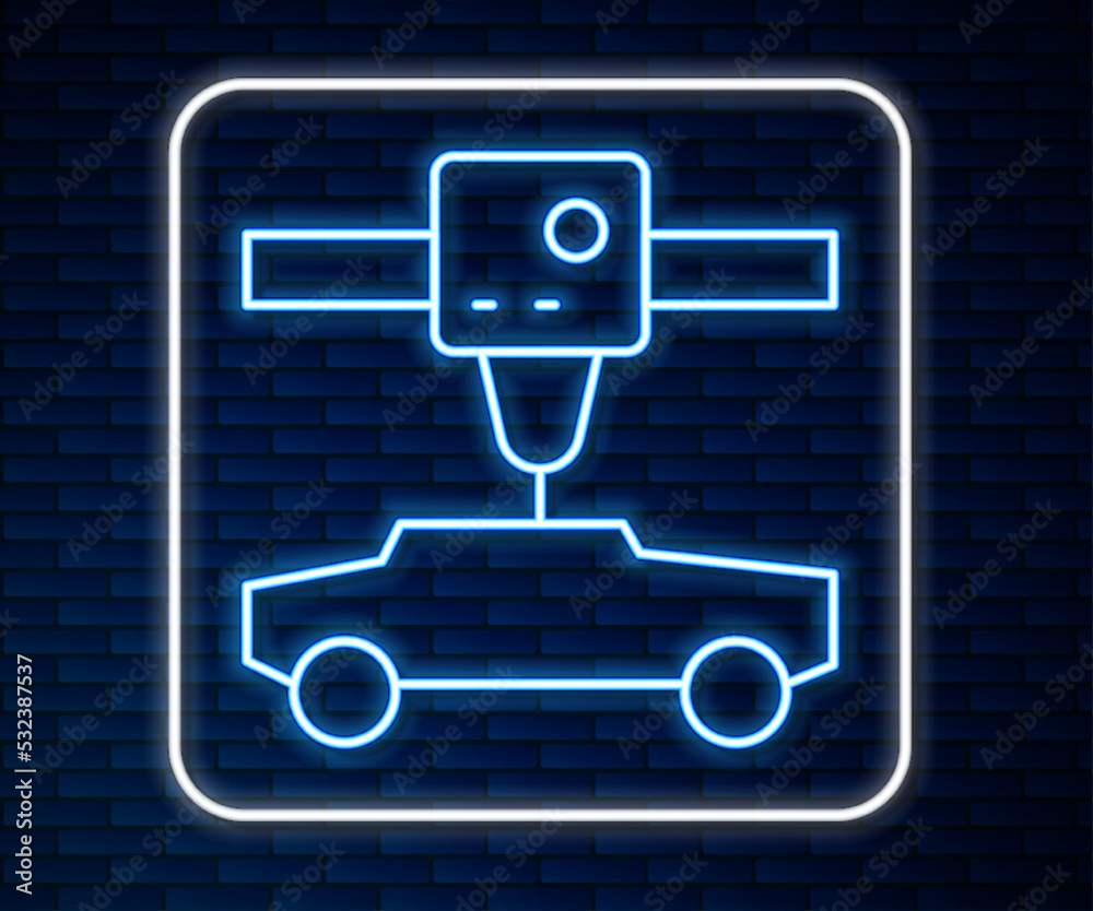 在砖墙背景上隔离的发光霓虹线3D打印机汽车图标。3D打印。矢量