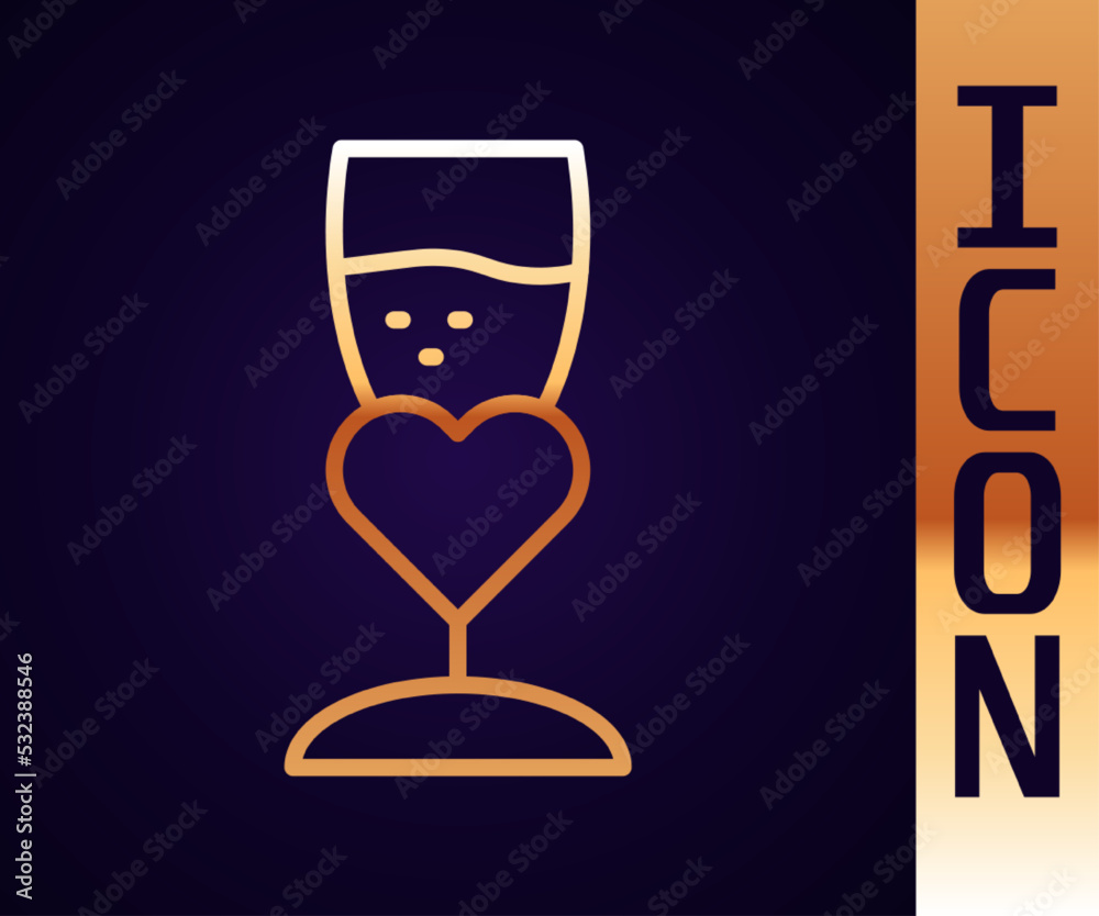 Gold line Glass of champagne icon isolated on black background. Happy Valentines day. Vector