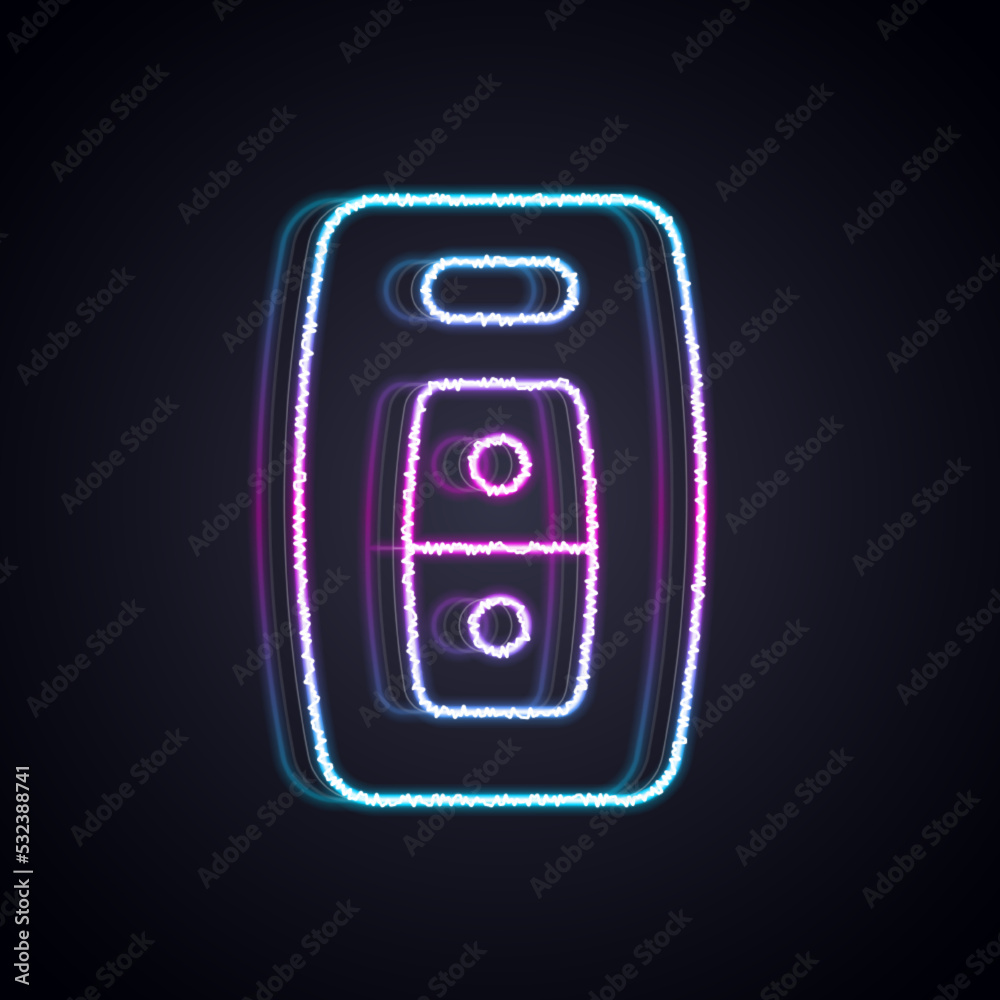 Glowing neon line Car key with remote icon isolated on black background. Car key and alarm system. V