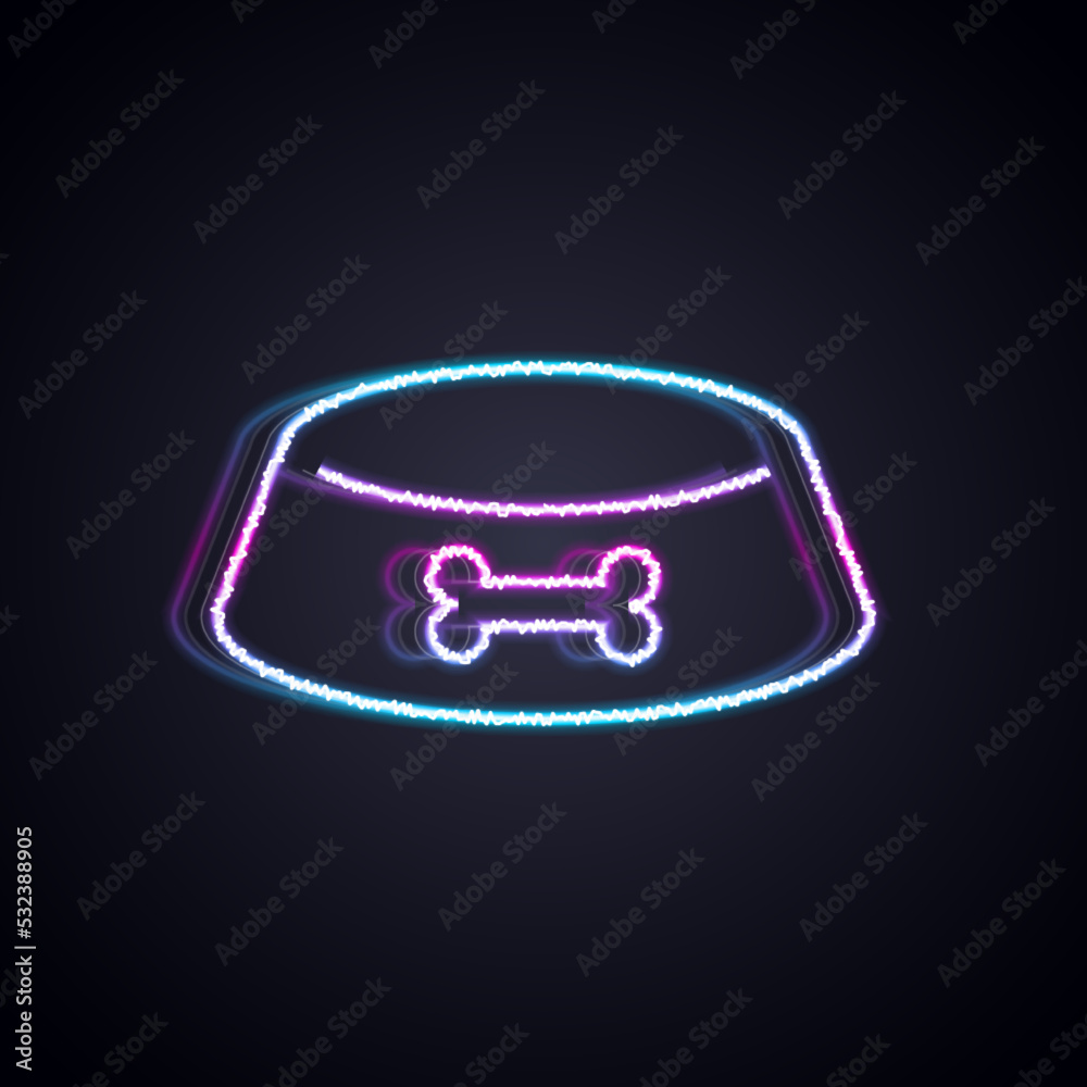 Glowing neon line Pet food bowl for cat or dog icon isolated on black background. Dog or cat paw pri