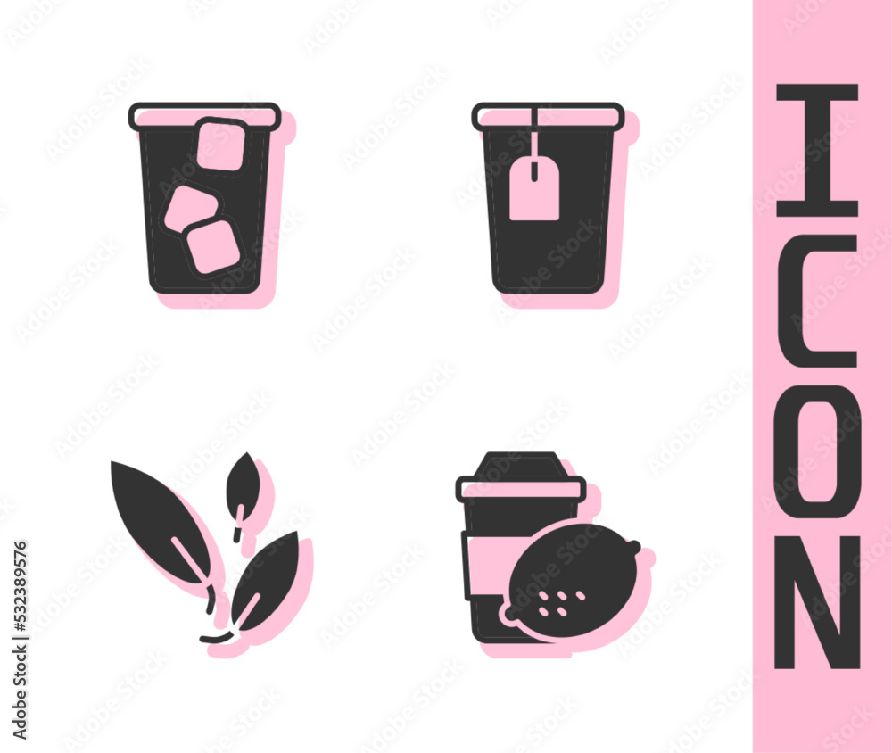 Set Cup of tea with lemon, Ice, Tea leaf and bag icon. Vector