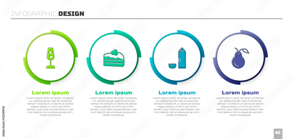 套装酒杯、蛋糕、保温瓶和梨。商业信息图模板。矢量