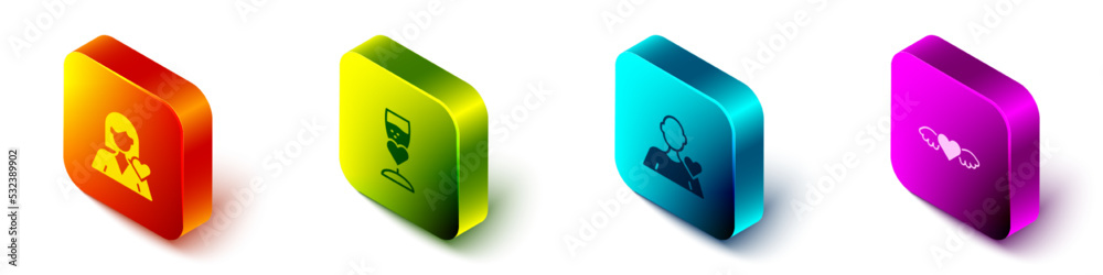 Set Isometric Romantic girl, Glass of champagne, and Heart with wings icon. Vector