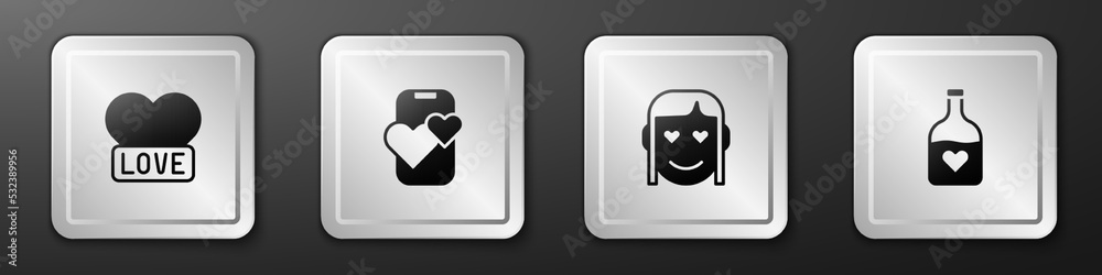 Set Heart, Dating app online mobile, Romantic girl and Bottle with love potion icon. Silver square b