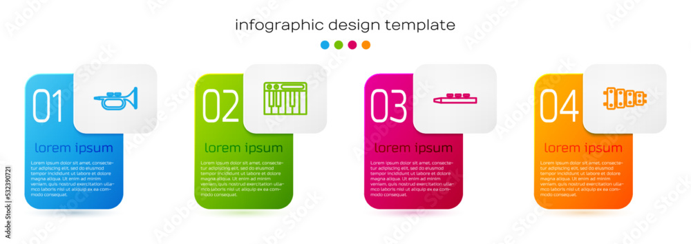 套装小号、音乐合成器、鼓和鼓槌以及木琴。商业信息图templa