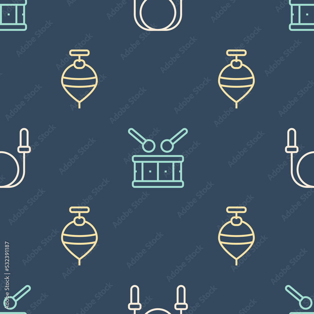 Set line Jump rope, Whirligig toy and Drum with drum sticks on seamless pattern. Vector