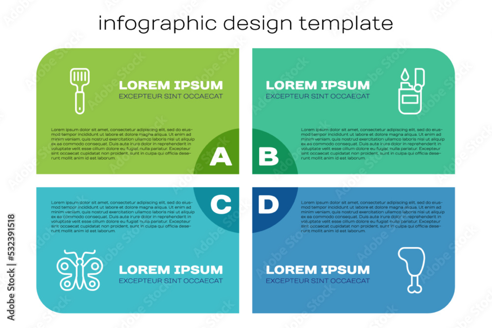 Set line Butterfly，Spatula，Chicken leg and Lighter。商业信息图模板。Vector