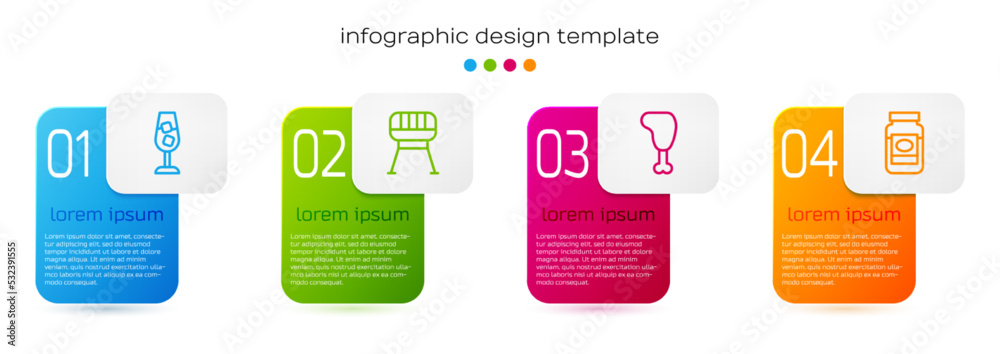 套装酒杯、烧烤架、鸡腿和果酱罐。商业信息图模板。矢量