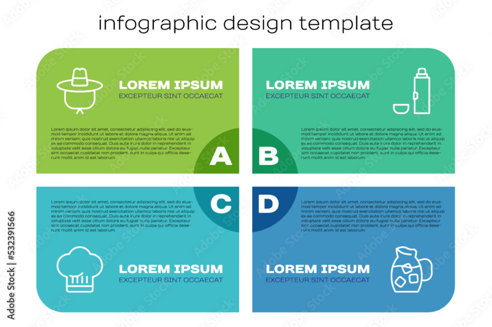 设置厨师帽、露营、带水的玻璃罐和保温容器。商业信息图模板