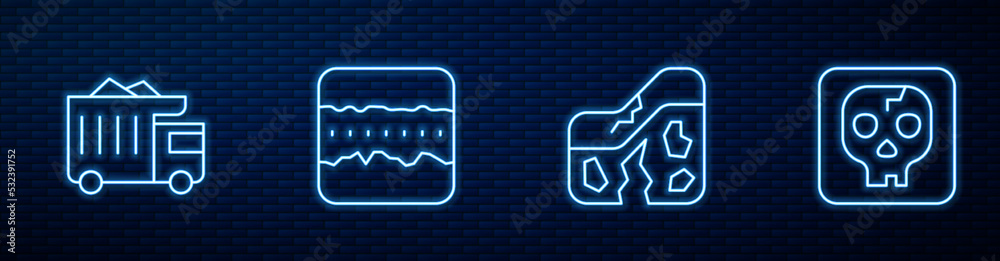 Set line Geological fault, Mining dump truck, Soil ground layers and Archeology. Glowing neon icon o