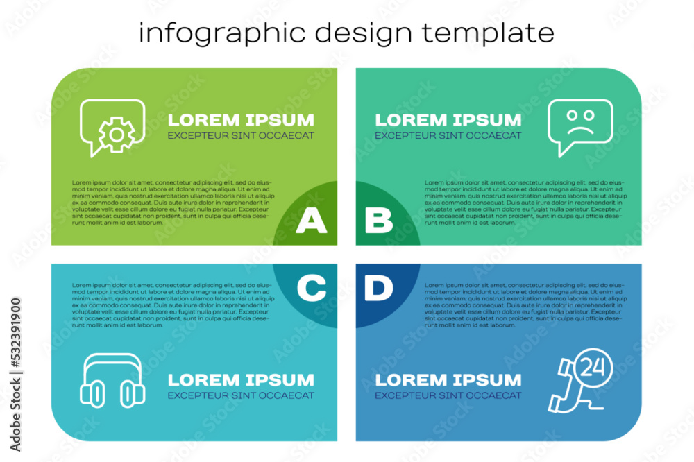 设线耳机、24小时电话支持和悲伤的微笑。商业信息图模板。Vecto