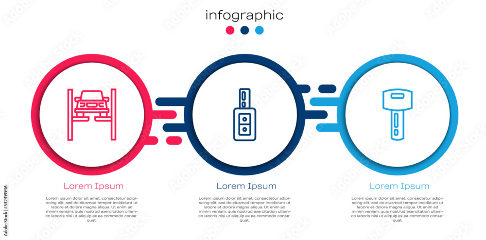 设置线路维修电梯上的汽车，带遥控器的汽车钥匙和.商业信息图模板.Vvector