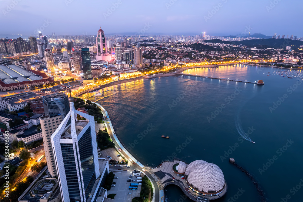 航拍青岛海岸线湾区风光夜景