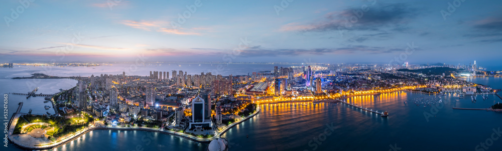 航拍青岛海岸线湾区风光夜景