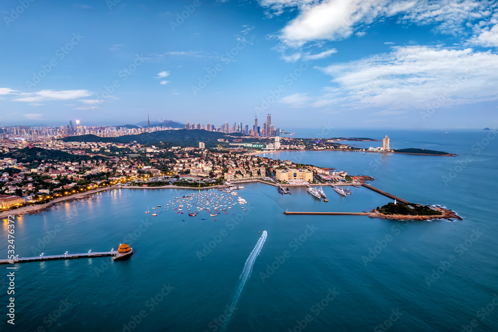 Aerial photography of Qingdao coastline bay area scenery night scene