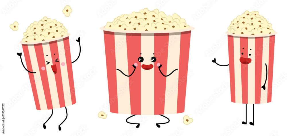 Funny cups of tasty popcorn on white background