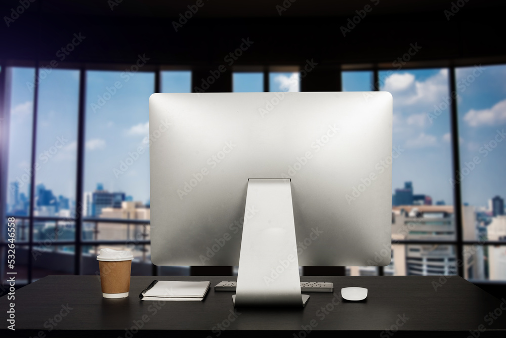 Workspace laptop computer, tablet, pencil and coffee cup with plant pot on office table..