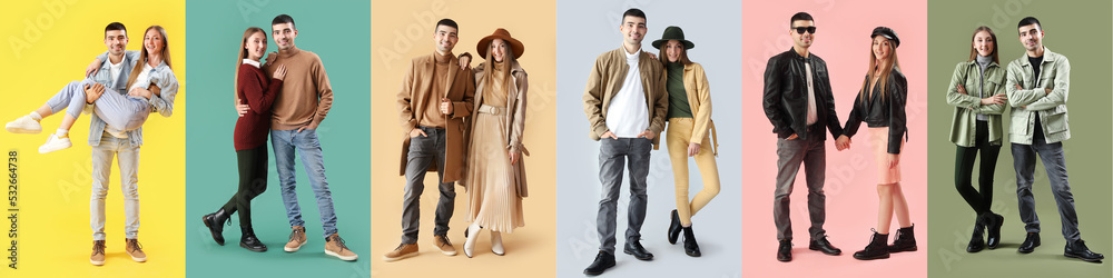 Set of fashionable young couple in autumn clothes on colorful background