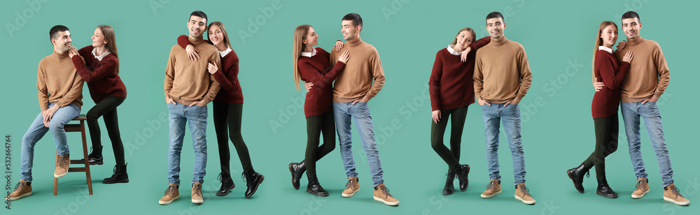 Set of fashionable young couple in autumn clothes on green background