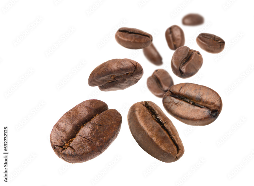 Roasted Coffee beans levitate isolated on a white background.