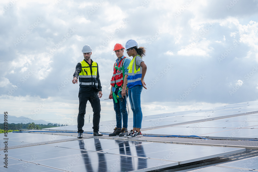 Technician checks and maintenance of the solar panel at solar power plant,Solar panels.