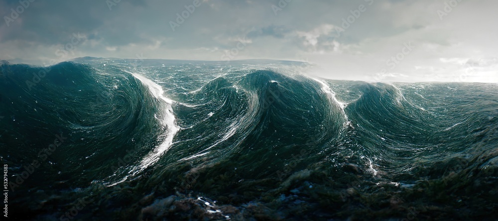 Spectacular abstract scene of an ocean tidal wave with a horizontal and clear sky in the background.