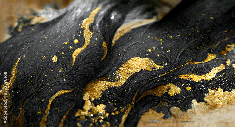 Spectacular realistic abstract backdrop of a whirlpool of black and gold. Digital art 3D illustratio