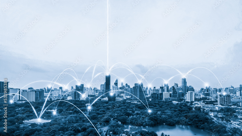 Smart digital city with connection network reciprocity over the cityscape . Concept of future smart 