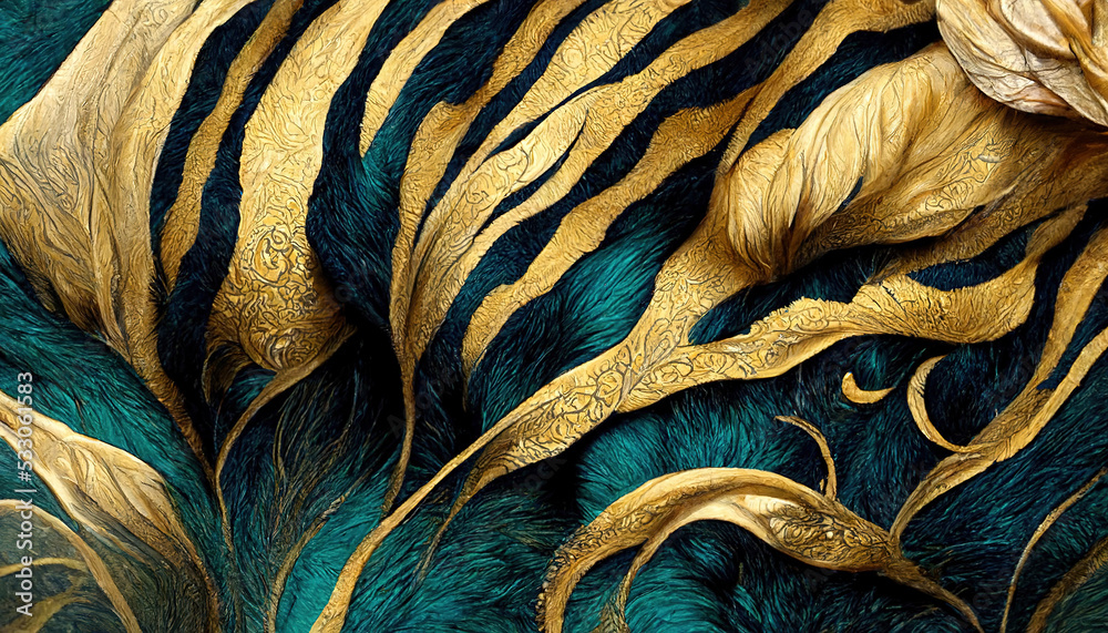 Spectacular abstract concept design features teal and gold fur and pelts that are arranged in a patt