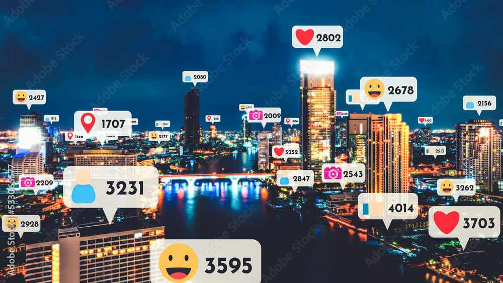 Social media icons fly over city downtown showing people reciprocity connection through social netwo