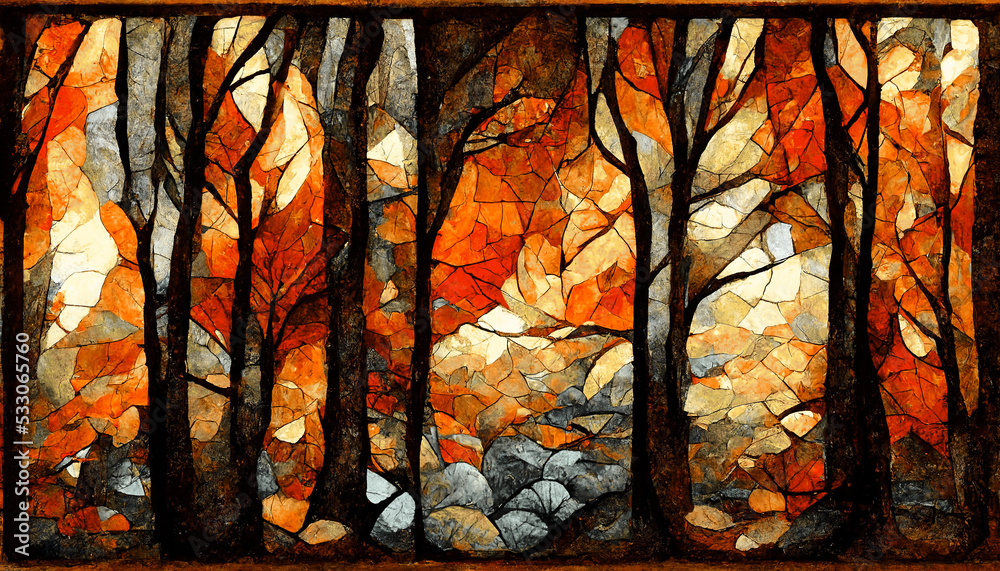 Spectacular autumn season abstract pattern in mosaic glass background features with orange forest la