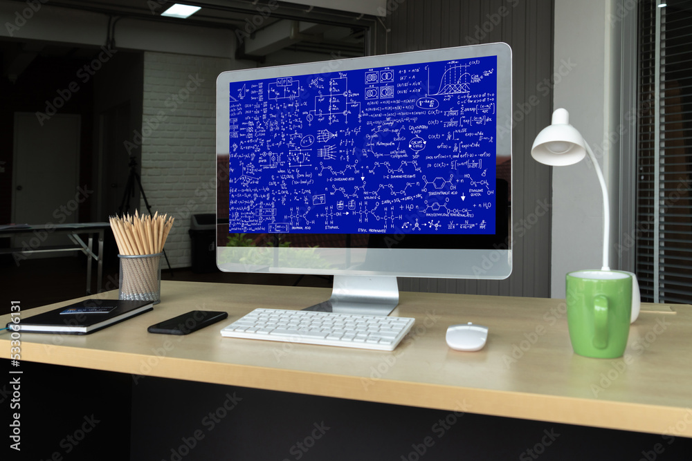 计算机屏幕上显示科学和教育概念的数学方程和时髦公式