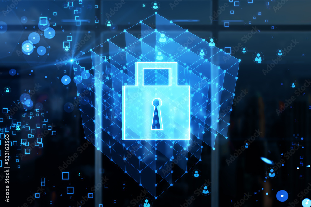 Creative glowing blue padlock grid hologram on blurry bokeh background with window frame and city vi