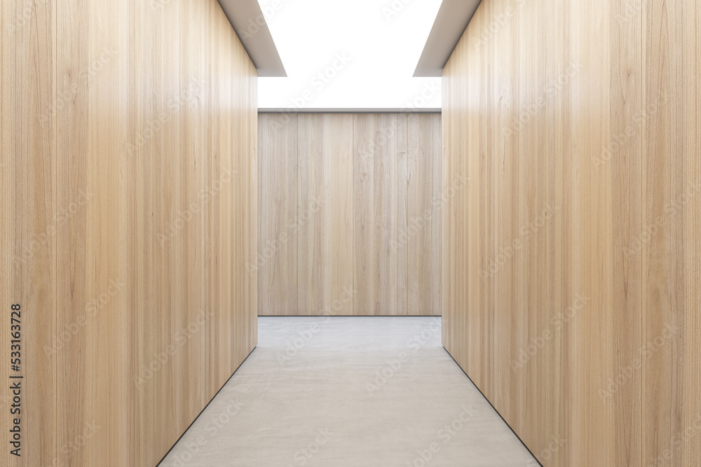 Modern hardwood hallway interior with mock up place on wall. Design and texture concept. 3D Renderin