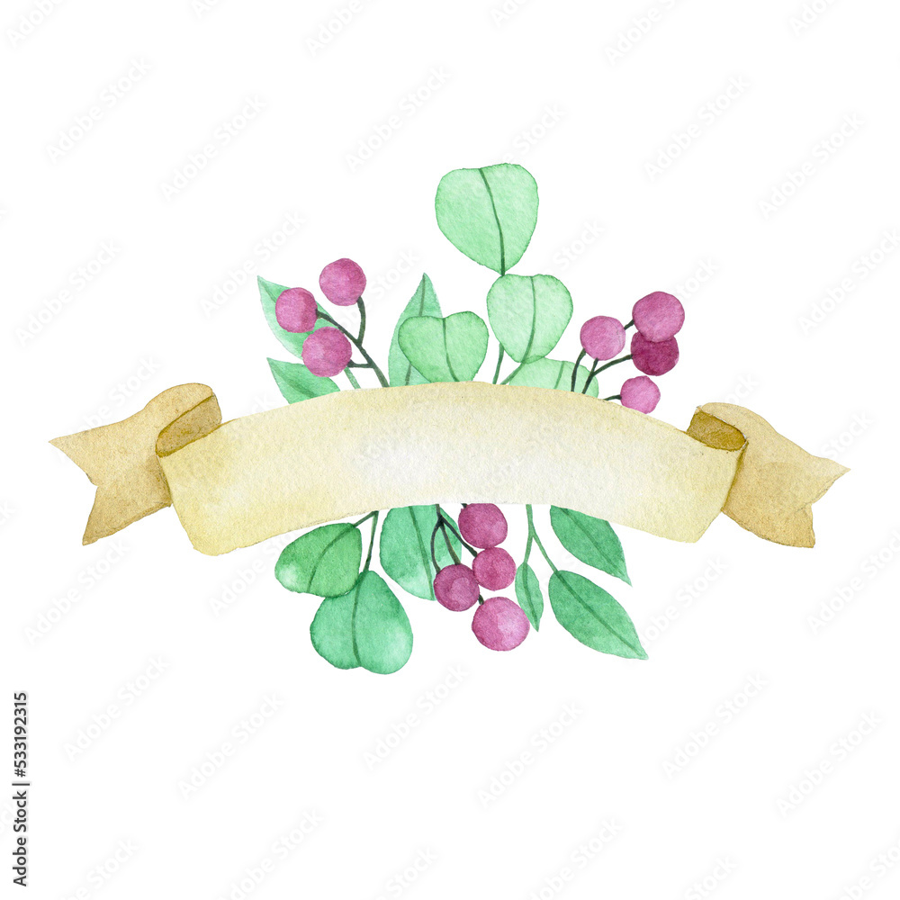 watercolor drawing. vintage ribbon, scroll with eucalyptus leaves and flowers. holiday decoration