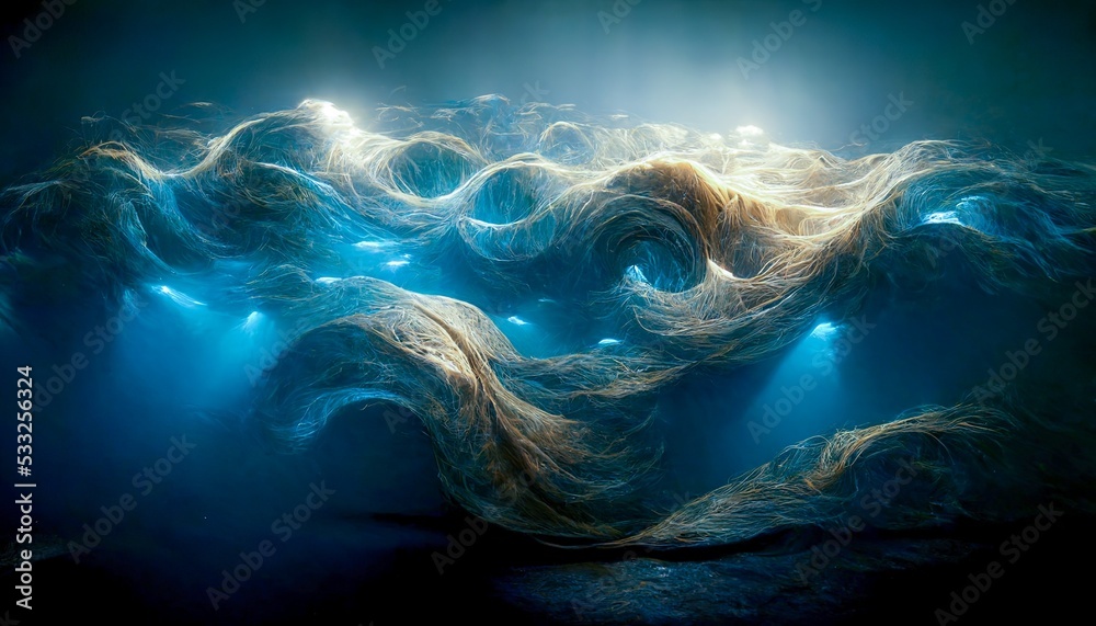 Spectacular abstract of silk is shaped like underwater wave, and light from above shines through the