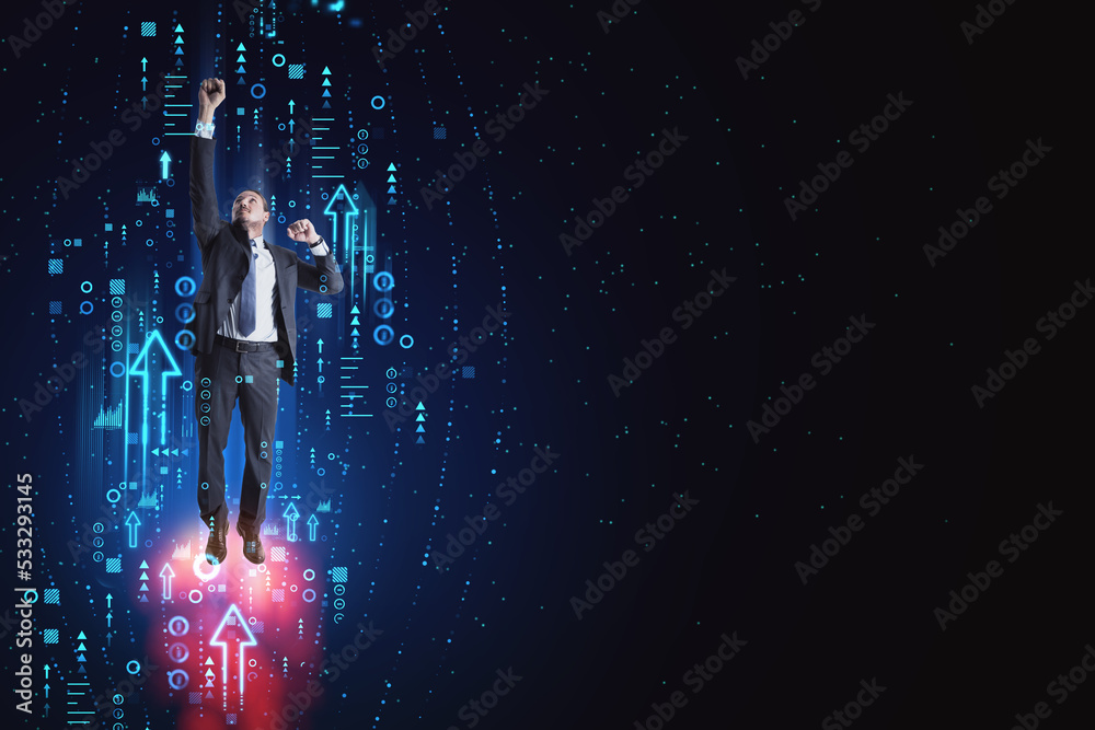 Superman and personal growth concept with confident businessman raised hand in digital rocket made b