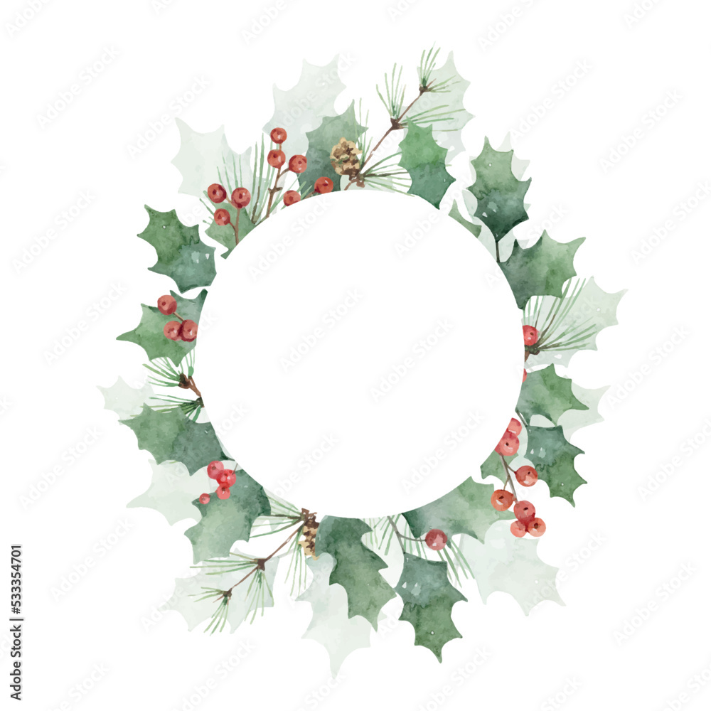 Watercolor vector Christmas frame with fir branches and holly jolly.