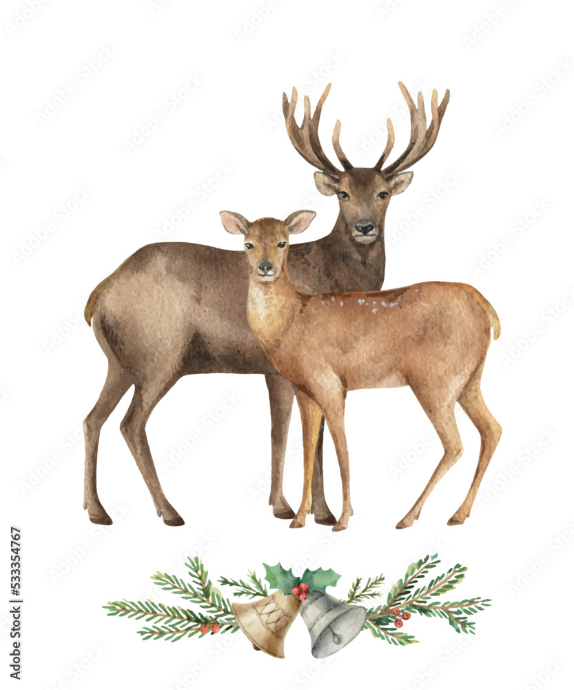 Christmas vector watercolor card with deer and holiday wreath.