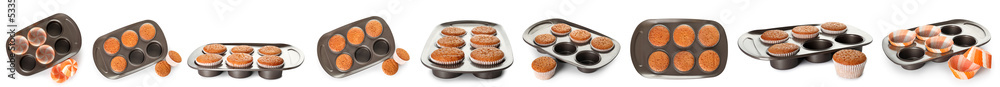 Collage of baking tray with muffins on white background