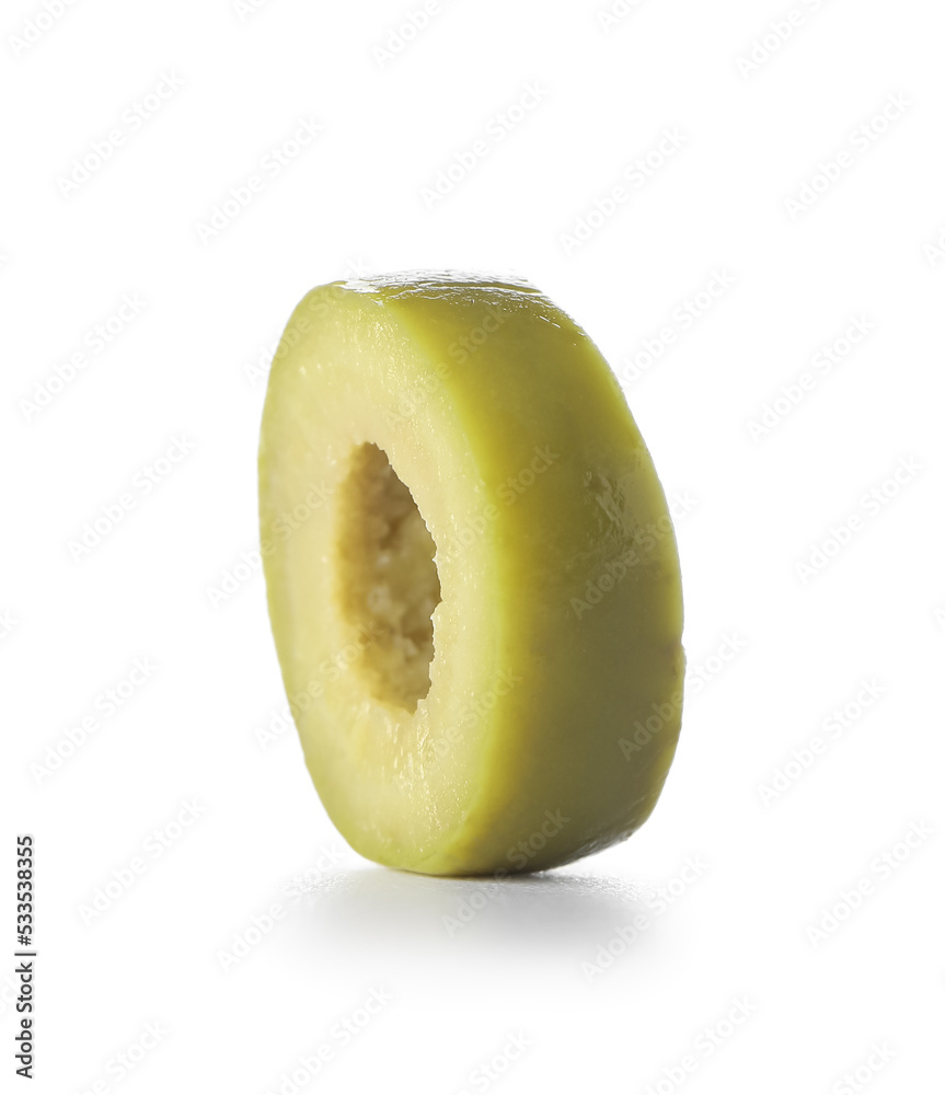 Slice of delicious green olive on white background