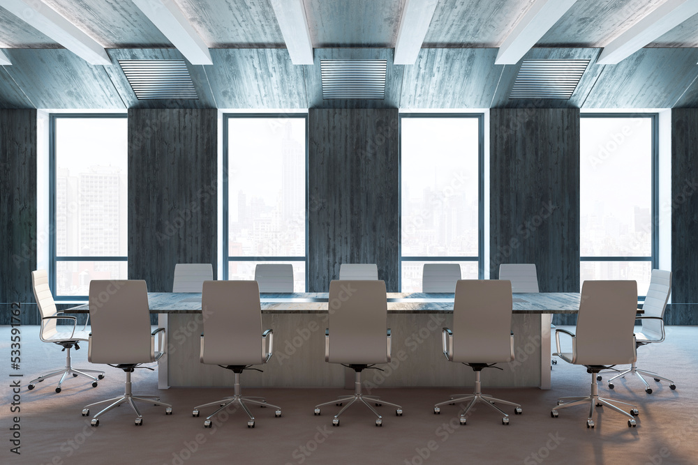 Modern concrete and wooden meeting room interior with window city view and daylight. Law and legal c