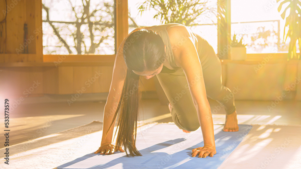 Young female person at mountain climber exercise for endurance and strengthening