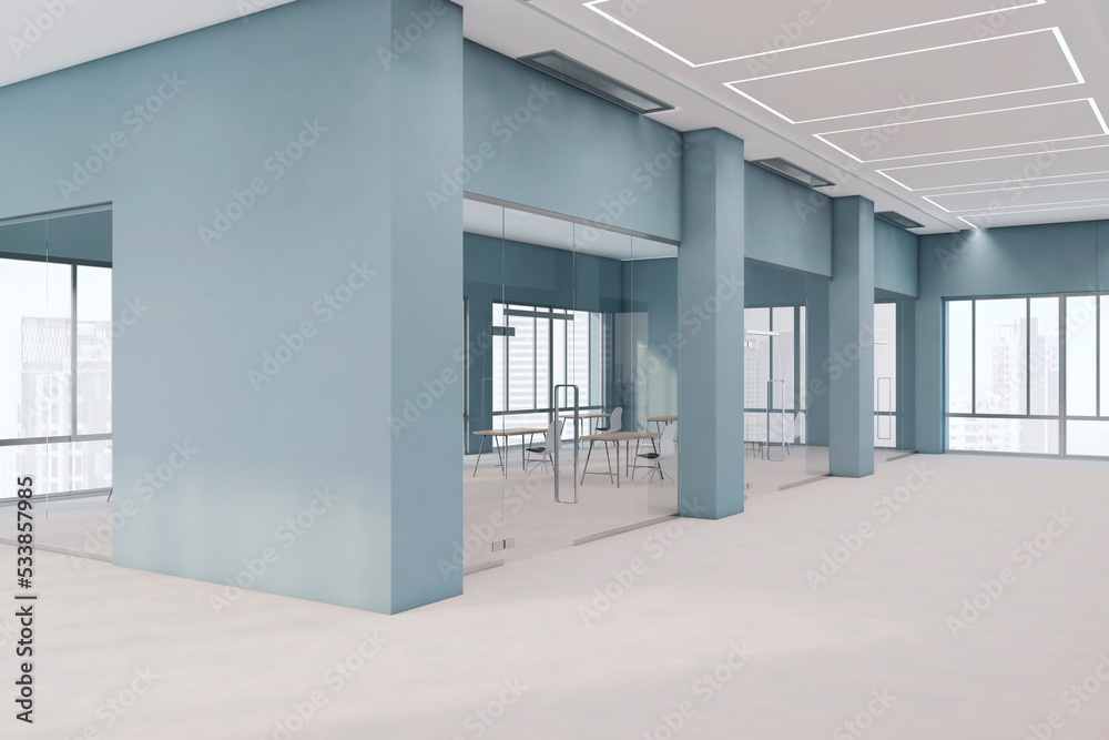 Bright spacious blue office interior with empty mock up place on wall, window and city view, furnitu