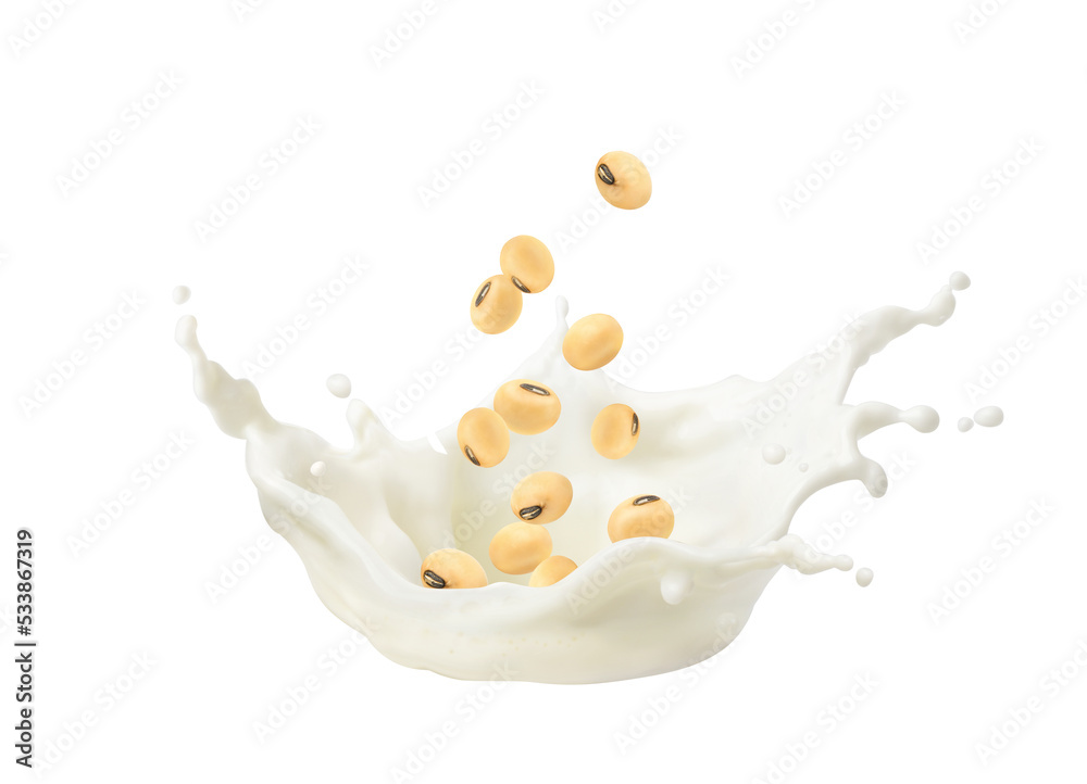 soybeans falling into soy milk spalsh isolated on white background.