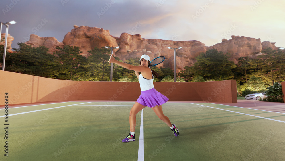 Woman playing tennis in professonal tennis court