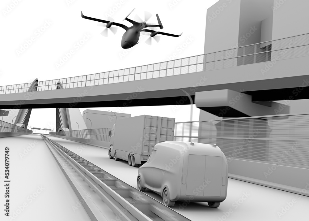 Clay rendering of Electric VTOL cargo delivery aircraft, Electric Truck and minivan moving on highwa