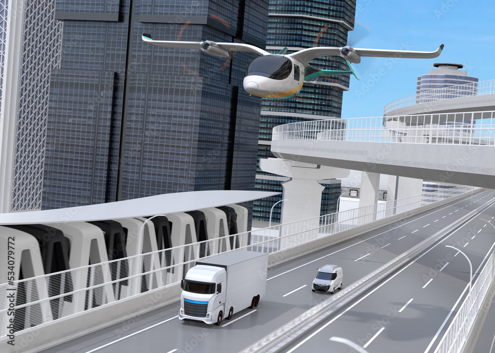 Electric VTOL cargo delivery aircraft, Electric Truck and minivan moving on highway. 3D rendering im